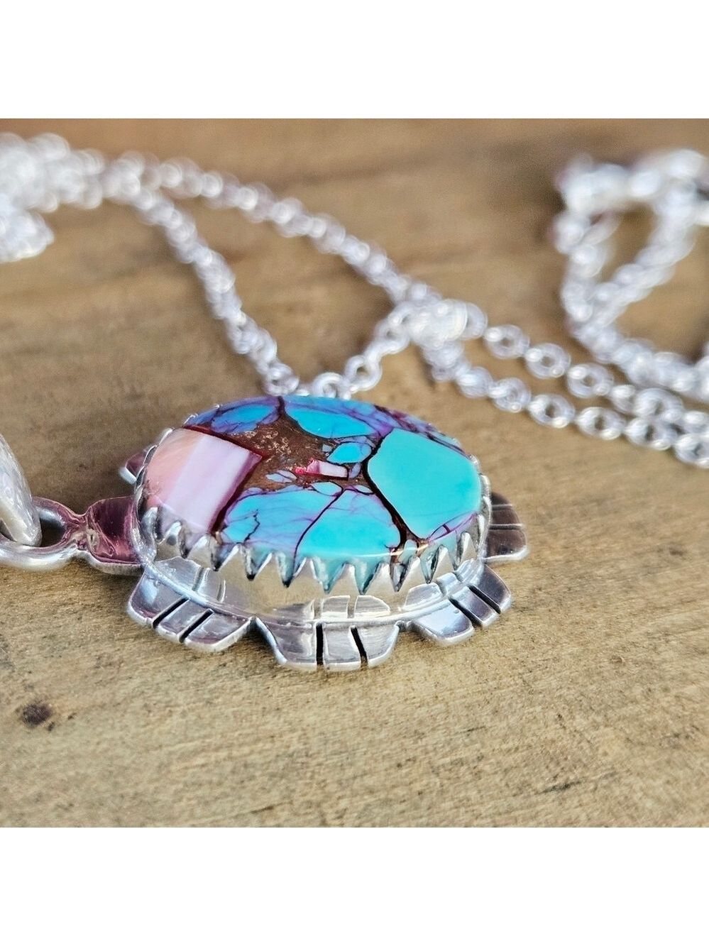 Sterling Silver Spiny Oyster Turquoise Pendant Necklace - Picture 2 of 7